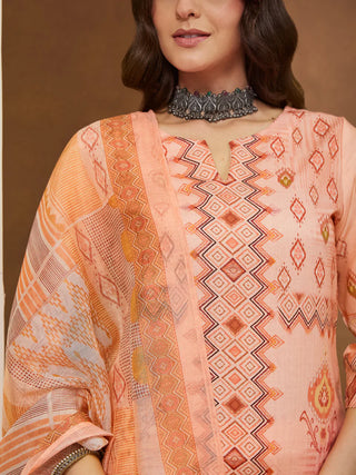 Peach Cotton Blend Geometric Print Suit Set with Chanderi Blend Dupatta