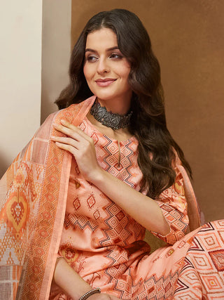 Peach Cotton Blend Geometric Print Suit Set with Chanderi Blend Dupatta