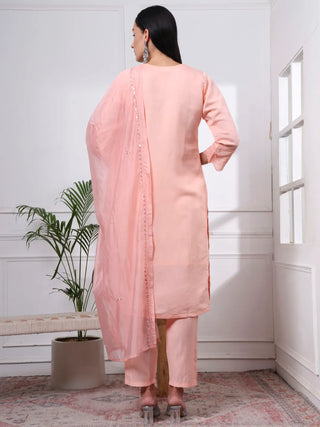 Peach Silk Blend Floral Embroidered Straight Shape Suit Set with Dupatta