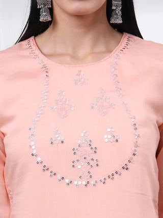 Peach Silk Blend Floral Embroidered Straight Shape Suit Set with Dupatta