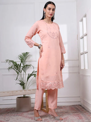 Peach Silk Blend Floral Embroidered Straight Shape Suit Set with Dupatta