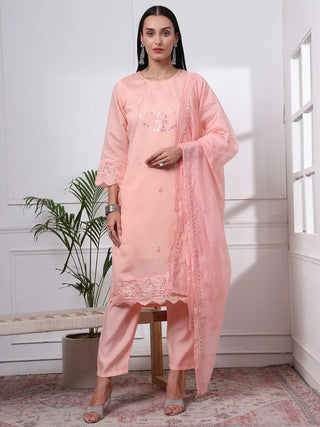 Peach Silk Blend Floral Embroidered Straight Shape Suit Set with Dupatta
