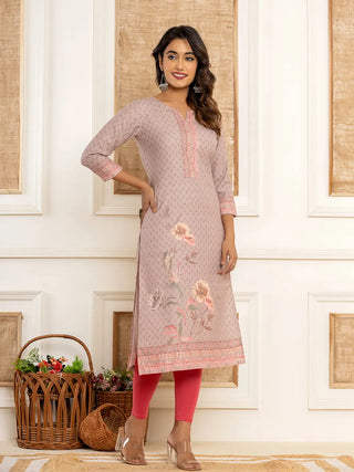 Peach Cotton Ethnic Motif Woven Design, Digital Print & Zari Detailing A Line Kurta