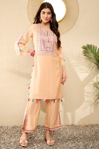 Peach Viscose Rayon Mirror Work Embroidered Straight Shape Kurta Trouser CO-Ord Set