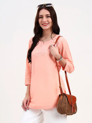 Peach Cotton Floral Embroidered Short Kurta