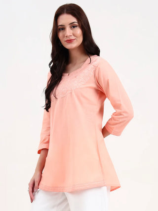 Peach Cotton Floral Embroidered Short Kurta