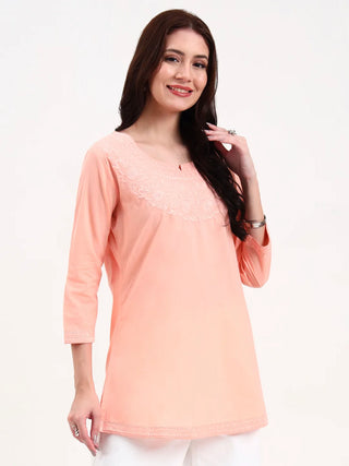 Peach Cotton Floral Embroidered Short Kurta