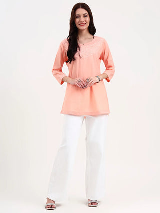 Peach Cotton Floral Embroidered Short Kurta