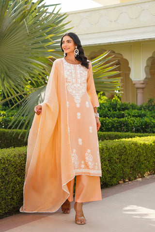 Peach Cotton Blend Floral Embroidered Suit Set with Dupatta