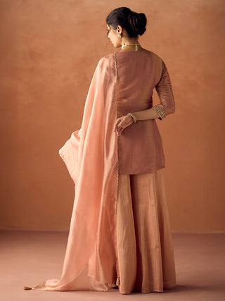 Peach Tissue Blend Embroidered Suit Set with Organza Dupatta
