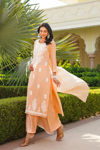 Peach Cotton Blend Floral Embroidered Suit Set with Dupatta