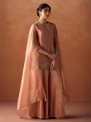 Peach Tissue Blend Embroidered Suit Set with Organza Dupatta