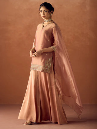 Peach Tissue Blend Embroidered Suit Set with Organza Dupatta