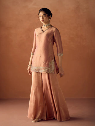 Peach Tissue Blend Embroidered Suit Set with Organza Dupatta