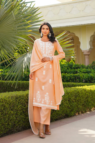 Peach Cotton Blend Floral Embroidered Suit Set with Dupatta