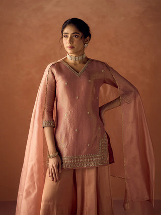 Peach Tissue Blend Embroidered Suit Set with Organza Dupatta