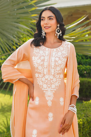Peach Cotton Blend Floral Embroidered Suit Set with Dupatta
