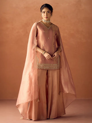 Peach Tissue Blend Embroidered Suit Set with Organza Dupatta