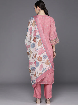 Peach Liene Embroidered Straight Shape Kurta with Viscose Rayon Bottom and a Printed Dupatta