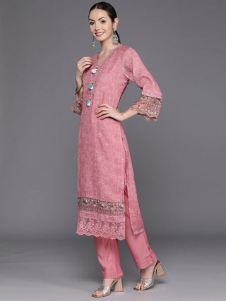 Peach Liene Embroidered Straight Shape Kurta with Viscose Rayon Bottom and a Printed Dupatta