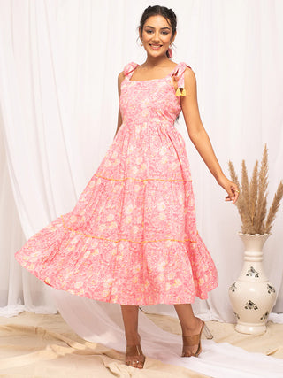 Cotton Peach Floral Print Dress