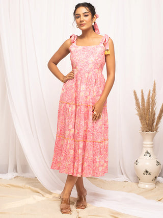 Cotton Peach Floral Print Dress