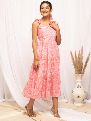 Cotton Peach Floral Print Dress