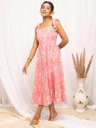 Cotton Peach Floral Print Dress