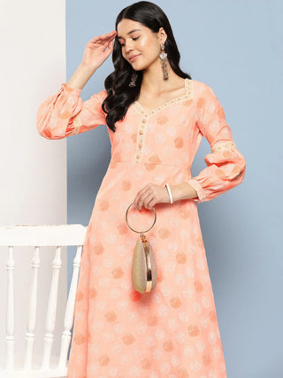 Peach Polyester Floral Print Maxi Style Dress