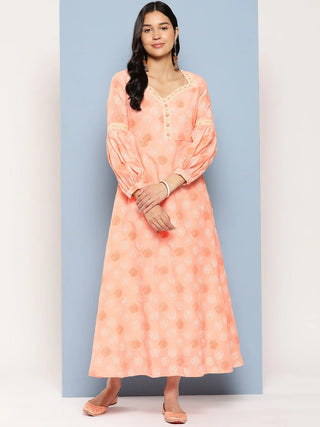 Peach Polyester Floral Print Maxi Style Dress