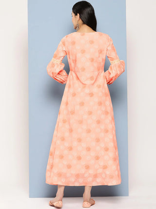 Peach Polyester Floral Print Maxi Style Dress