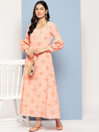 Peach Polyester Floral Print Maxi Style Dress