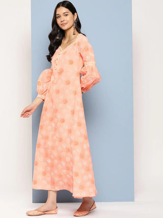 Peach Polyester Floral Print Maxi Style Dress