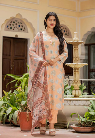 Peach Modal Silk Ethnic Print Suit Set with Dupatta