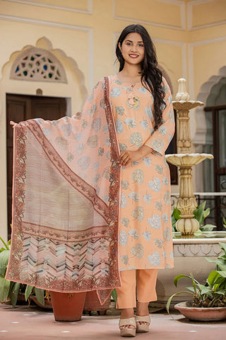 Peach Modal Silk Ethnic Print Suit Set with Dupatta