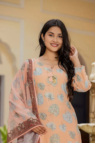 Peach Modal Silk Ethnic Print Suit Set with Dupatta