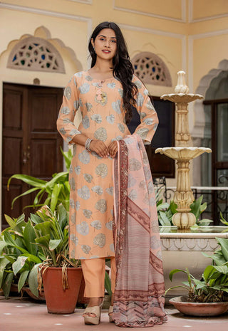 Peach Modal Silk Ethnic Print Suit Set with Dupatta