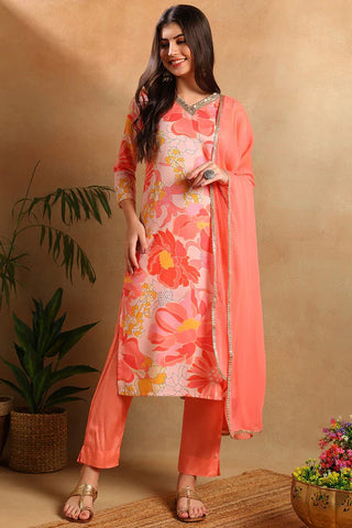 Peach Floral Print Straight Shape Suit Set with Dupatta