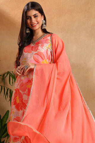 Peach Floral Print Straight Shape Suit Set with Dupatta