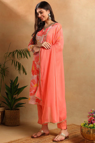 Peach Floral Print Straight Shape Suit Set with Dupatta