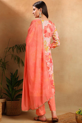 Peach Floral Print Straight Shape Suit Set with Dupatta