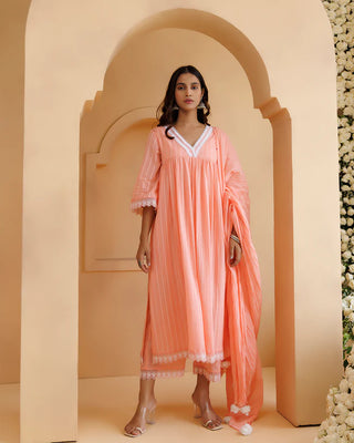 Peach Mul-Mul Suit Set With Dupatta