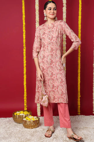 Peach Viscose Rayon Floral Print Straight Shape Kurta