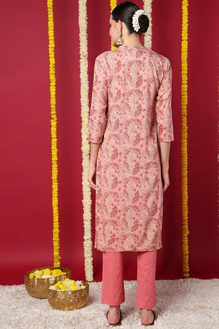 Peach Viscose Rayon Floral Print Straight Shape Kurta