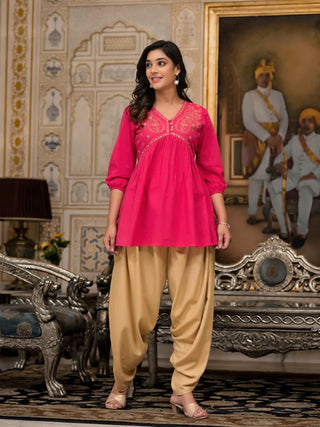 Pink Cotton Mirror & Zari Embroidered Kurta with Brown Bottom Co-Ord Set