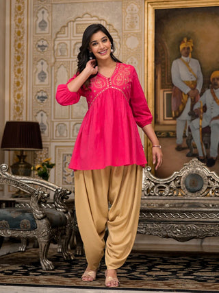 Pink Cotton Mirror & Zari Embroidered Kurta with Brown Bottom Co-Ord Set