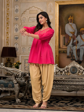 Pink Cotton Mirror & Zari Embroidered Kurta with Brown Bottom Co-Ord Set