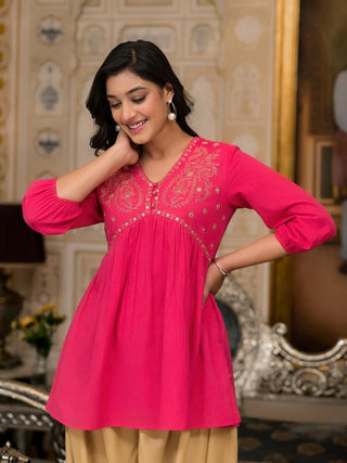 Pink Cotton Mirror & Zari Embroidered Kurta with Brown Bottom Co-Ord Set