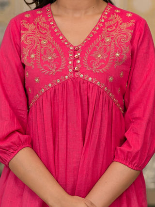 Pink Cotton Mirror & Zari Embroidered Kurta with Brown Bottom Co-Ord Set