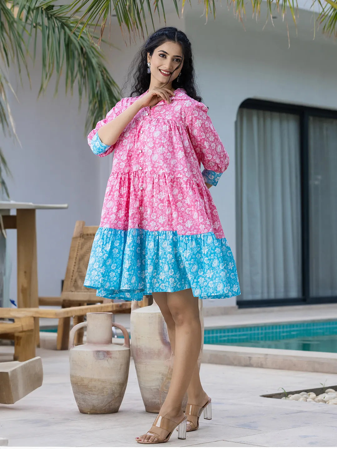 Partywear Gowns Online USA | Pink & Sky Blue Cotton Floral Print Color Blocking Dress Ria Fashions Partywear Gowns Online USA | Pink & Sky Blue Cotton Floral Print Color Blocking Dress Ria Fashions